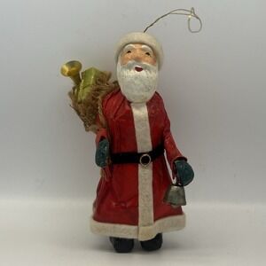 Handmade Paper Mache Santa Claus Christmas Ornament With Burlap Sack Lantern